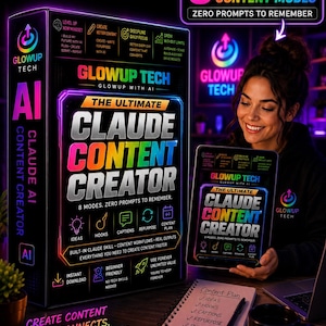 May include: A black box and a tablet screen displaying the Glowup Tech Claude Content Creator software. The graphics feature neon text, icons for ideas, hooks, captions, repurpose, and content plan, with the phrase 8 Built-in Content Modes.
