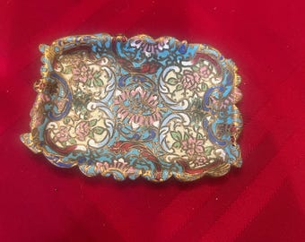 Vintage cloisonné-snuisterijschaal | Gebloemd geëmailleerd messing dienblad | Chinese cloisonné-vangst | Sieradenhouder | Decoratieve wastafel