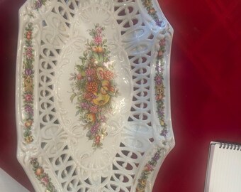 Frutero/centro de mesa de porcelana Schierholz vintage con diseño calado – Plato de servir con decoración floral transferida – Hecho en Alemania