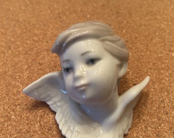 Adorno de pared con cabeza de ángel de porcelana Lladró / Jarrón pequeño o bolsillo de pared con querubín / Figura española blanca brillante / Pieza de colección vintage de Lladró