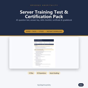 Op de afbeelding: Een server-trainings- en certificeringspakket van OpsEdge Hospitality. Deze documentenset bevat een test met 45 vragen, een antwoordsleutel, een vaardigheden-checklist, een certificaat en een cijferlijst in 5 bestanden.