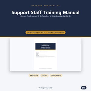 May include: A digital Support Staff Training Manual document for busser, food runner, and dishwasher onboarding. The cover page features a dark blue header with white text, gold accents, and fields for employee information, available in Word and Google Docs.