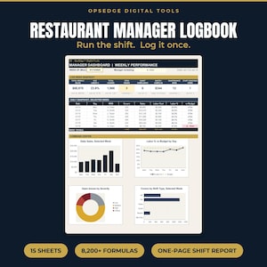 Restaurant Manager Logbook, Excel Shift Report Template, Operations Dashboard