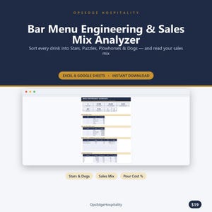 May include: A digital spreadsheet tool titled Bar Menu Engineering & Sales Mix Analyzer by OpsEdge Hospitality. The interface displays a menu performance dashboard with tables for drink data, sales mix, and pour cost analysis for Excel and Google Sheets.