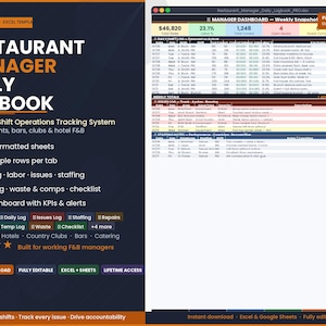 Restaurant Manager Daily Logbook | Shift Operations Tracking Spreadsheet (Digital Download)