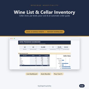 Könnte beinhalten: Eine digitale Tabellenvorlage für Wine List & Cellar Inventory für Excel und Google Sheets. Die Benutzeroberfläche zeigt ein Wine Program Dashboard mit Kennzahlen für den Kellerwert, Lagerbestände, Ausschankkosten und eine Bestellhilfe.