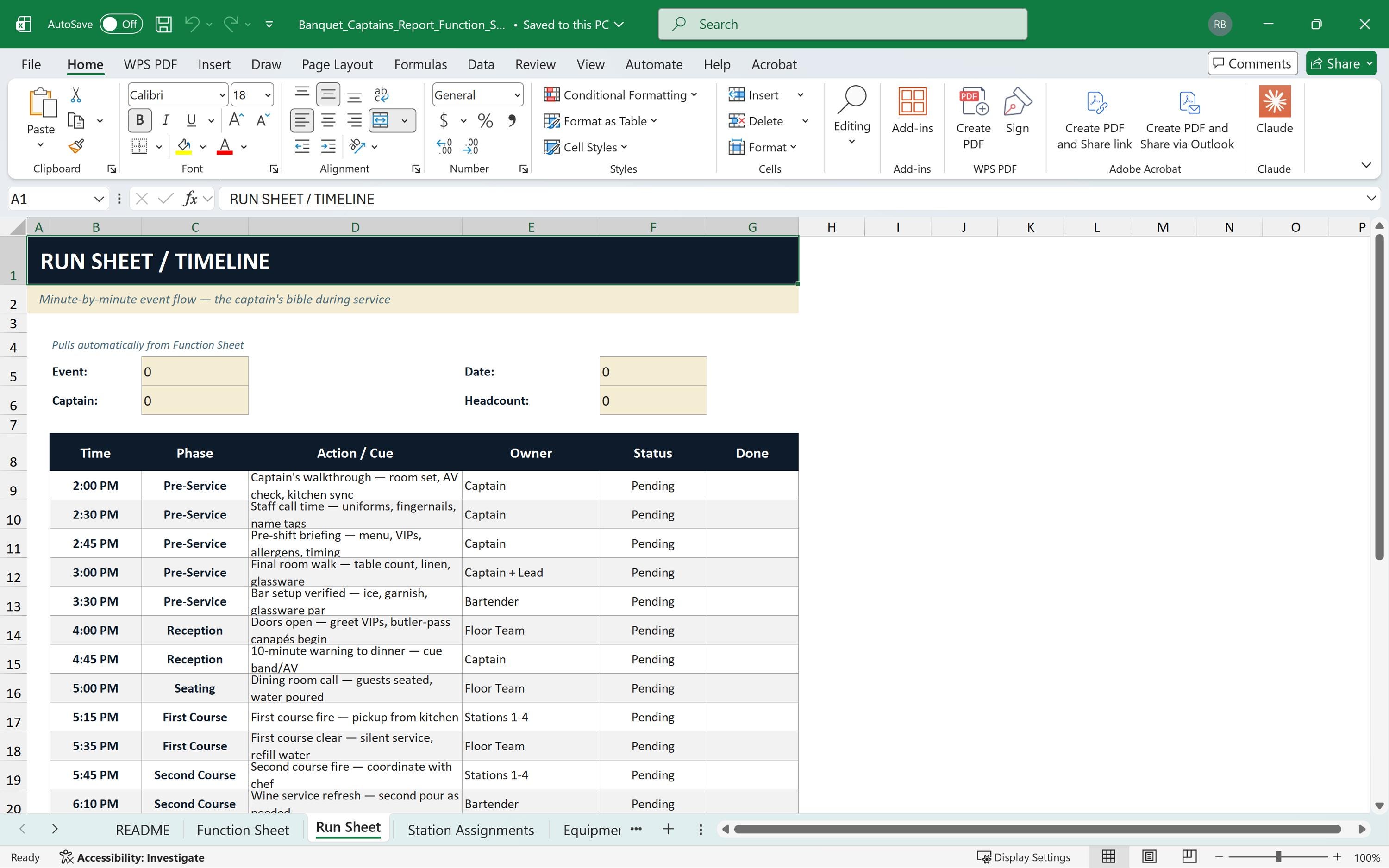 Banquet Captain Report and Function Sheet Template, Event Run Sheet ...