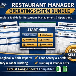May include: A blue graphic promoting a restaurant management operating system bundle. The image includes the text "Restaurant Manager Operating System Bundle" and "Complete Toolkit for Restaurant Management & Operations". It also features checklists, reports, and a "Best Seller" badge.