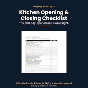 Könnte beinhalten: Ein digitales Dokument für eine Checkliste zur Küchenöffnung und -schließung von Opsedge Hospitality. Das weiße Formular enthält Abschnitte für Ausrüstung, Vorbereitung, Hygiene und Produktvorbereitung mit Kontrollkästchen für Aufgaben.