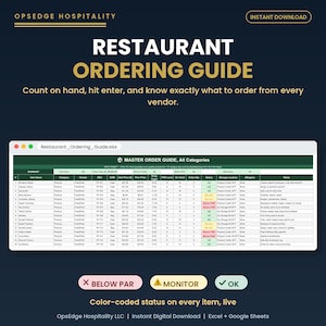 Restaurant-Inventarliste (Tabellenkalkulation) | Leitfaden für die Mindestbestellmenge von Lebensmitteln | Lieferantenbestellformular | Excel-Vorlage für die Lebensmittelkosten in Küche und Bar (Google Sheets)