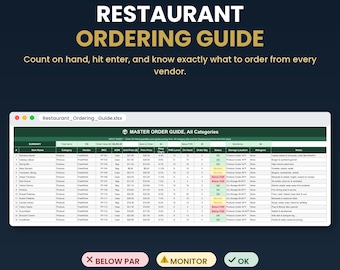 Restaurant Inventory Spreadsheet | Food Ordering Par Level Guide | Vendor Order Sheet | Kitchen Bar Food Cost Excel Google Sheets Template