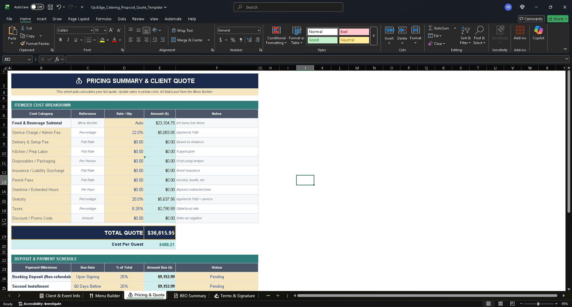 Catering Proposal & Quote Template | Excel BEO | Event Invoice ...