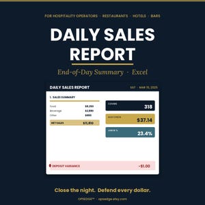 Könnte beinhalten: Eine marineblaue Grafik mit den Worten "DAILY SALES REPORT" in großen weißen Buchstaben. Der Bericht enthält Umsatzübersichten, den durchschnittlichen Scheck und die Arbeitskostenprozentsätze. Der Text "End-of-Day Summary • Excel" ist ebenfalls vorhanden. Das Bild ist für Gastronomen bestimmt.