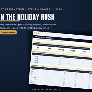 May include: A digital holiday reservation and event manager dashboard for 2026, compatible with Excel and Google Sheets. The interface displays tables for holiday dates, party pipelines, and revenue forecasts against a dark blue background.