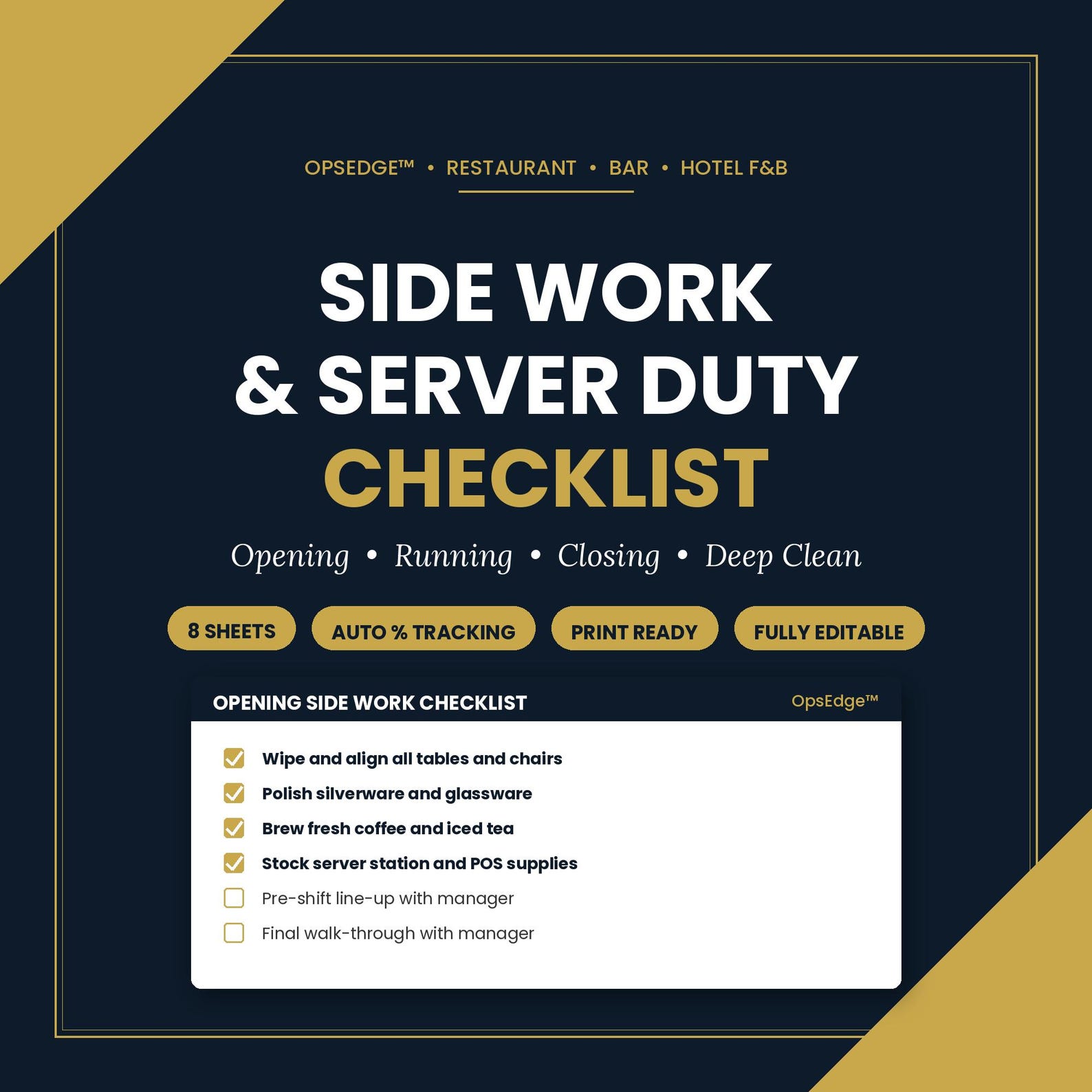 Editable Side Work Server Side Work & Server Duty Checklist | Restaurant Server Opening, Closing ...