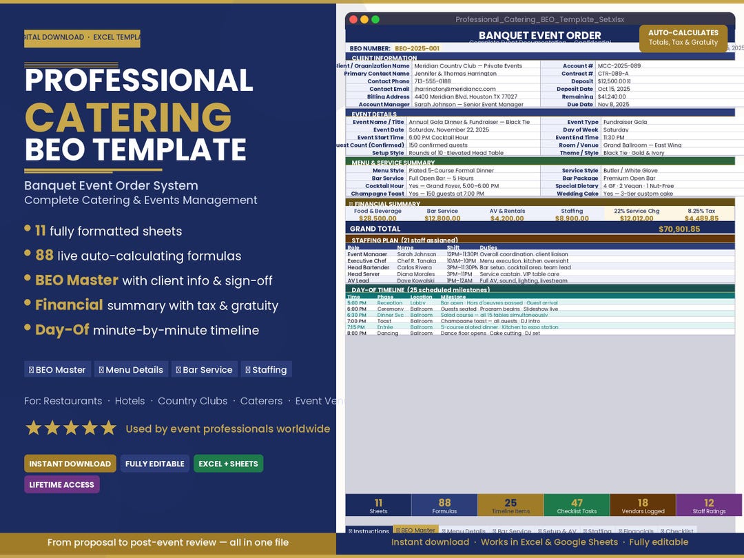 Catering BEO Template Excel | Banquet Event Order Form | Event Planning ...