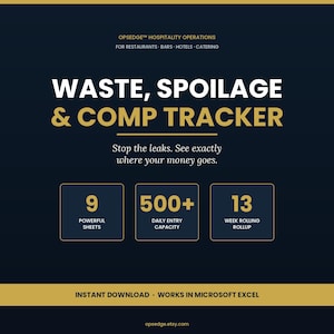May include: A navy blue graphic with gold text that reads "WASTE, SPOILAGE & COMP TRACKER." The image also includes the text "Stop the leaks. See exactly where your money goes." and "INSTANT DOWNLOAD • WORKS IN MICROSOFT EXCEL."