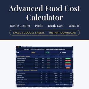 Tabellenkalkulation für Lebensmittelkosten | Gewinn- und Break-Even-Tracker für Restaurantmenüs | Excel Google Sheets