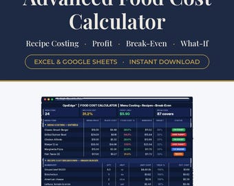 Hoja de cálculo para calcular el costo de los alimentos / Rastreador de ganancias y punto de equilibrio del menú del restaurante / Excel Google Sheets