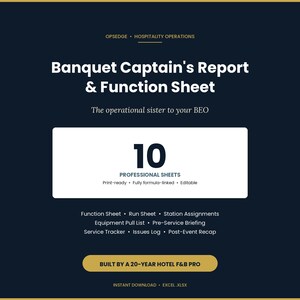 Puede incluir: Un gráfico azul marino con el texto "Banquet Captain's Report & Function Sheet". La imagen incluye un cuadro blanco con el número "10" y las palabras "Professional Sheets". El texto adicional incluye "Function Sheet", "Run Sheet" y "Built by a 20-Year Hotel F&B Pro."
