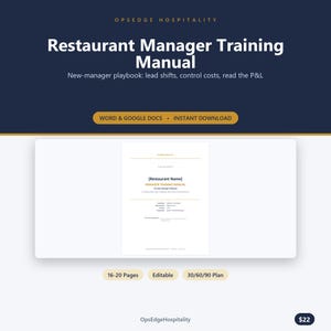 Peut inclure: Un manuel de formation pour responsable de restaurant au format numérique avec un en-tête bleu foncé et du texte blanc indiquant OpsEdge Hospitality et Restaurant Manager Training Manual. Il inclut un plan 30/60/90 et est modifiable.