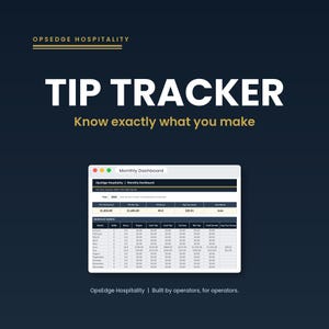 May include: A digital tip tracker dashboard by OpsEdge Hospitality on a dark blue background. The interface displays a monthly summary table with columns for shifts, hours, wages, cash tips, card tips, tip outs, net tips, and total earned for 2026.