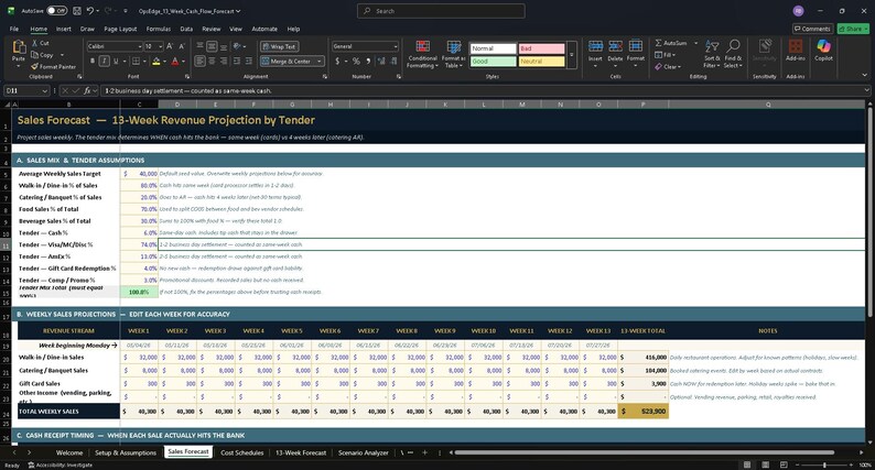 13-week Restaurant Cash Flow Forecast | Lender-ready Excel Template (F ...