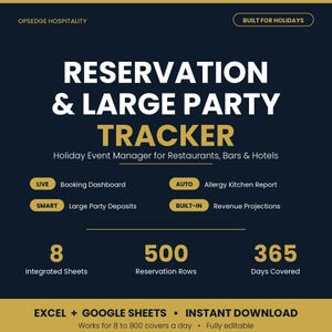 Könnte beinhalten: Dunkelblaue Grafik mit weißem und goldenem Text, die einen "Reservierungs- und Großgruppen-Tracker" für Restaurants und Hotels bewirbt. Zu den Funktionen gehören ein Buchungs-Dashboard, Allergieberichte und Umsatzprognosen. Der Tracker umfasst 365 Tage.