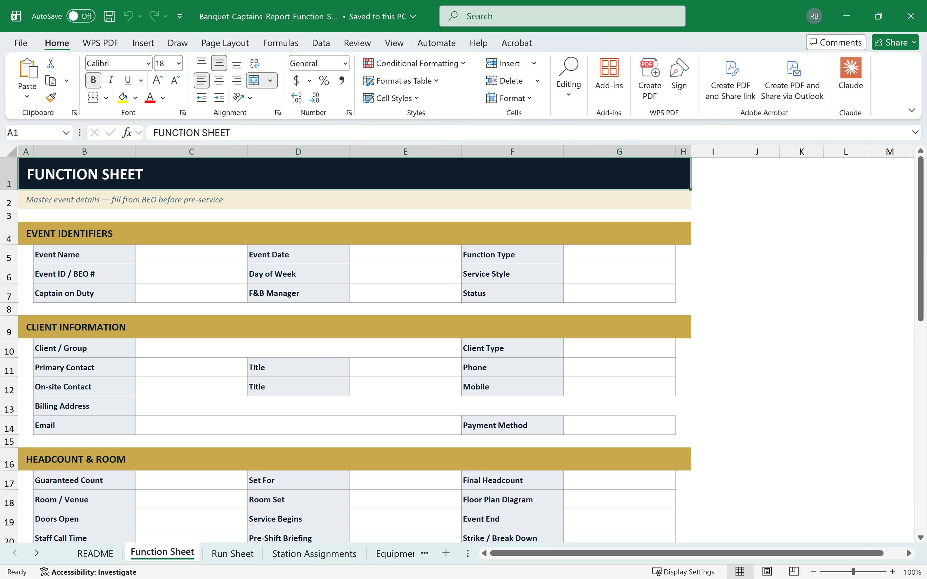 Banquet Captain Report and Function Sheet Template, Event Run Sheet ...