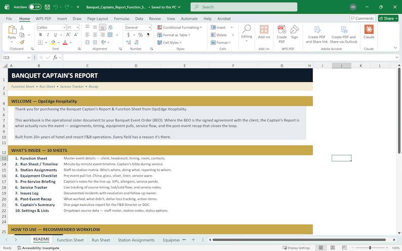 Banquet Captain Report and Function Sheet Template, Event Run Sheet ...