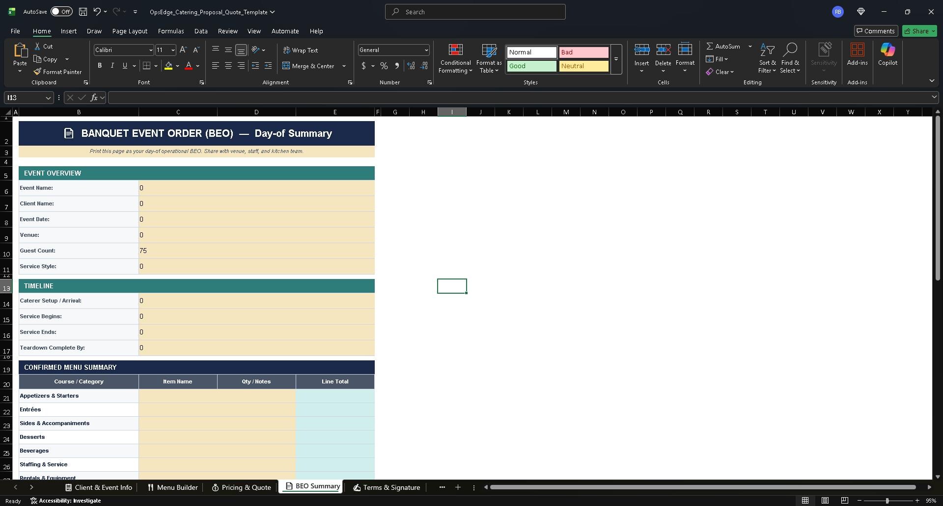 Catering Proposal & Quote Template | Excel BEO | Event Invoice ...