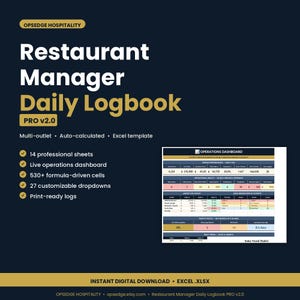 Può includere: Un modello digitale di registro giornaliero del Restaurant Manager PRO v2.0. L'immagine presenta il testo del titolo in grandi lettere bianche e dorate. Include 14 fogli professionali, una dashboard delle operazioni in tempo reale, oltre 530 celle basate su formule e 27 menu a tendina personalizzabili.