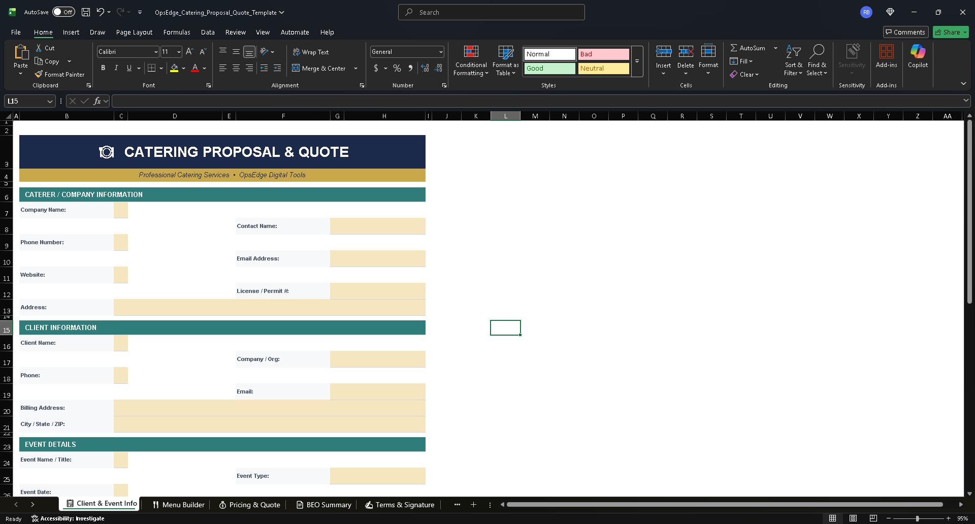Catering Proposal & Quote Template | Excel BEO | Event Invoice ...