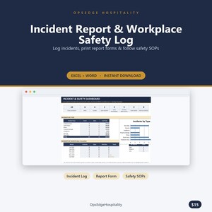Informe de incidentes y registro de seguridad en restaurantes / Registro de lesiones laborales (Excel, Word)