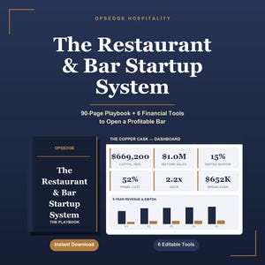 May include: A digital product titled The Restaurant & Bar Startup System by Opsedge Hospitality. It includes a 90-page playbook and 6 financial tools. The graphic displays a dashboard for The Copper Cask with financial metrics and a 5-year bar chart.