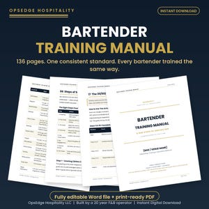 Manuel de formation des barmans | Guide de l'employé | Formation du personnel de bar | Recettes de cocktails | Procédures de service standardisées | Version PDF modifiable et imprimable (Word)