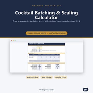 May include: A digital cocktail batching and scaling calculator spreadsheet for Excel and Google Sheets. The interface displays a recipe table for an Old Fashioned, including ingredient scaling, batch results, dilution, and cost per drink calculations.