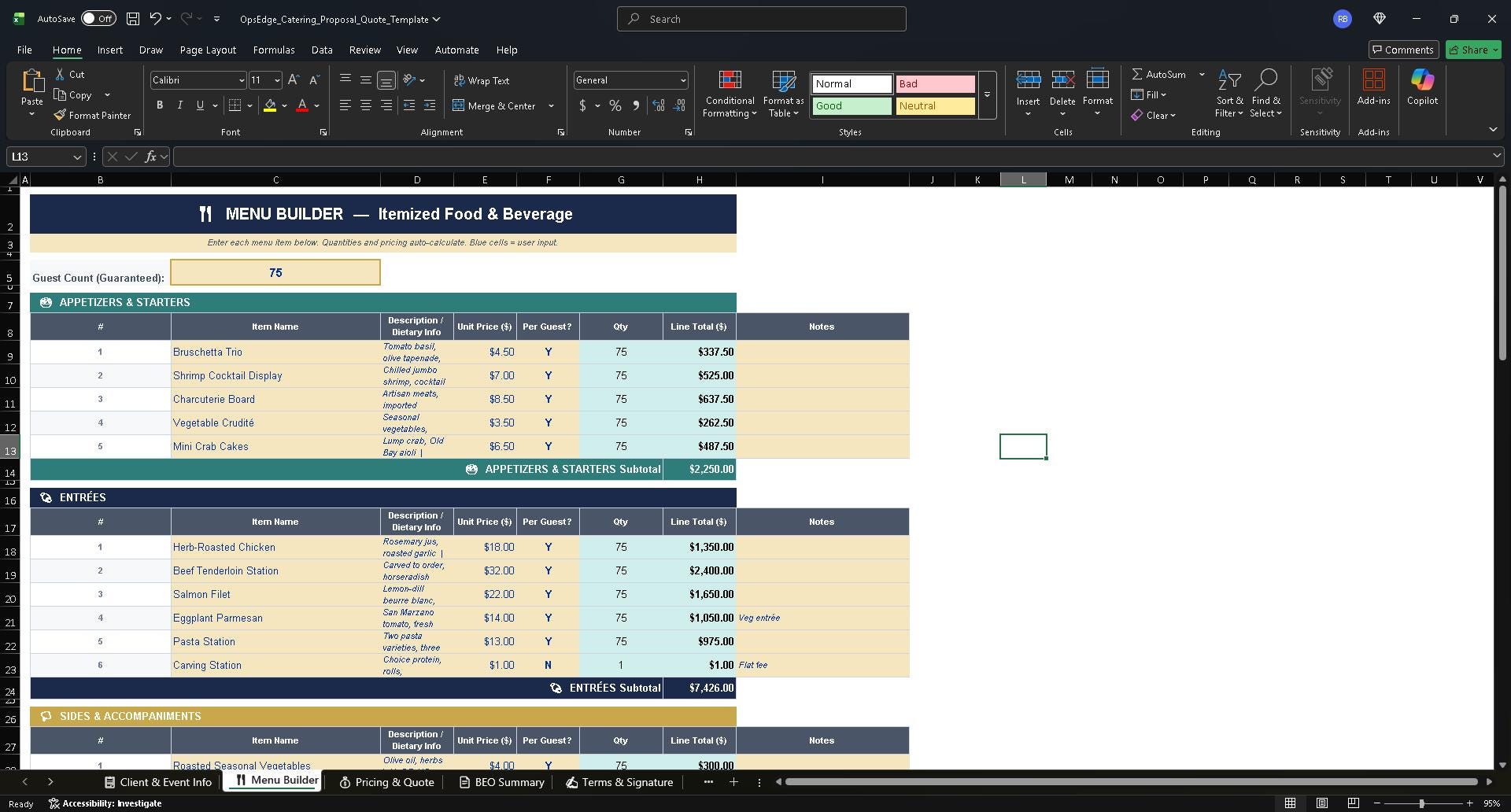 Catering Proposal & Quote Template | Excel BEO | Event Invoice ...