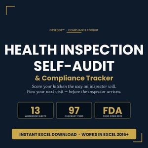 May include: A navy blue graphic with white text that reads "HEALTH INSPECTION SELF-AUDIT & Compliance Tracker." The graphic also includes the text "Score your kitchen the way an inspector will. Pass your next visit - before the inspector arrives." There are three boxes with the numbers 13, 97, and FDA.