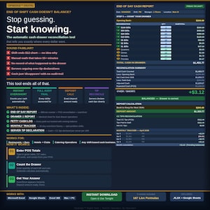 May include: A digital cash drawer reconciliation tool with a dark blue and green interface. The tool displays text including "Stop guessing. Start knowing." and "End of Day Cash Report." It includes sections for counting cash, deposit calculation, and tip reconciliation.