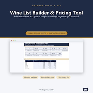 Può includere: Uno strumento digitale per la creazione e la determinazione dei prezzi delle carte dei vini per Excel e Google Sheets. L'interfaccia mostra una tabella di riepilogo dei prezzi con colonne per costo medio, prezzo, margine e percentuali al calice.