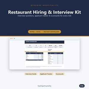 Puede incluir: Un kit digital de contratación y entrevistas para restaurantes que incluye un panel de seguimiento de candidatos, preguntas de entrevista y tarjetas de puntuación. La interfaz muestra tablas de embudo de contratación y roles en formatos Word y Excel.