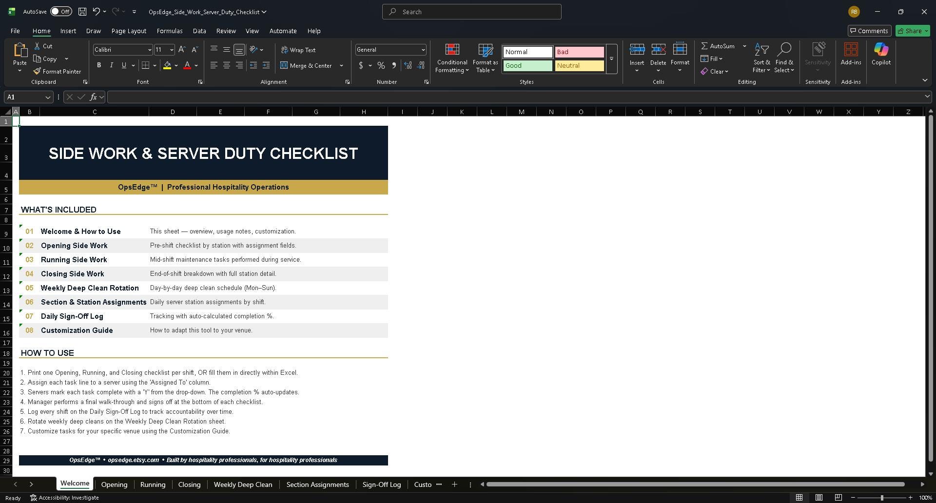 Editable Side Work Server Side Work & Server Duty Checklist | Restaurant Server Opening, Closing ...