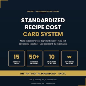 Peut inclure: Visuel numérique pour un "SYSTÈME DE CARTES DE COÛT DE RECETTES STANDARDISÉ." Il présente des informations sur les cahiers, les ingrédients, les fiches de recettes et la mise à l'échelle automatique. Téléchargement numérique instantané au format Excel.
