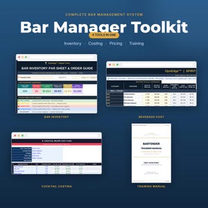 May include: A digital bar management toolkit featuring four distinct tools: a bar inventory par sheet and order guide, a beverage cost tracker, a cocktail recipe cost card, and a bartender training manual, all presented on a dark blue background.