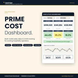 May include: A digital dashboard for F&B operations, displaying key metrics like net sales, labor, and COGS. The dashboard includes charts and data visualizations, with the text "PRIME COST Dashboard" prominently displayed. The product is for Excel.