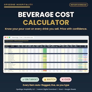 Beverage Cost Calculator Excel Template | Bar Spreadsheet Pour Cost Tracker | Drink Pricing Liquor Cost | Cocktail Costing Menu Engineering
