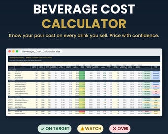 Plantilla de Excel para calculadora de costos de bebidas / Hoja de cálculo para bar / Rastreador de costos de servicio / Precios de bebidas / Costo de licores / Ingeniería de menús para cálculo de costos de cócteles