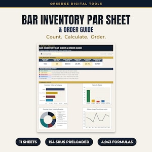 Bar Inventory Par Sheet & Order Guide, Excel Pour Cost Calculator, Liquor Stock Tracker