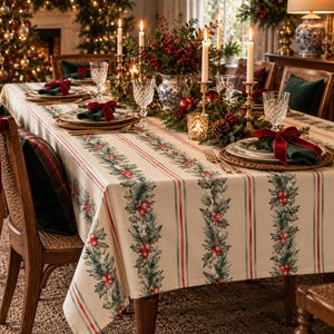 May include: A cream-coloured tablecloth featuring vertical stripes and a repeating pattern of green holly leaves and red berries. The fabric is draped over a dining table set with white plates, clear crystal glasses, and dark green napkins.